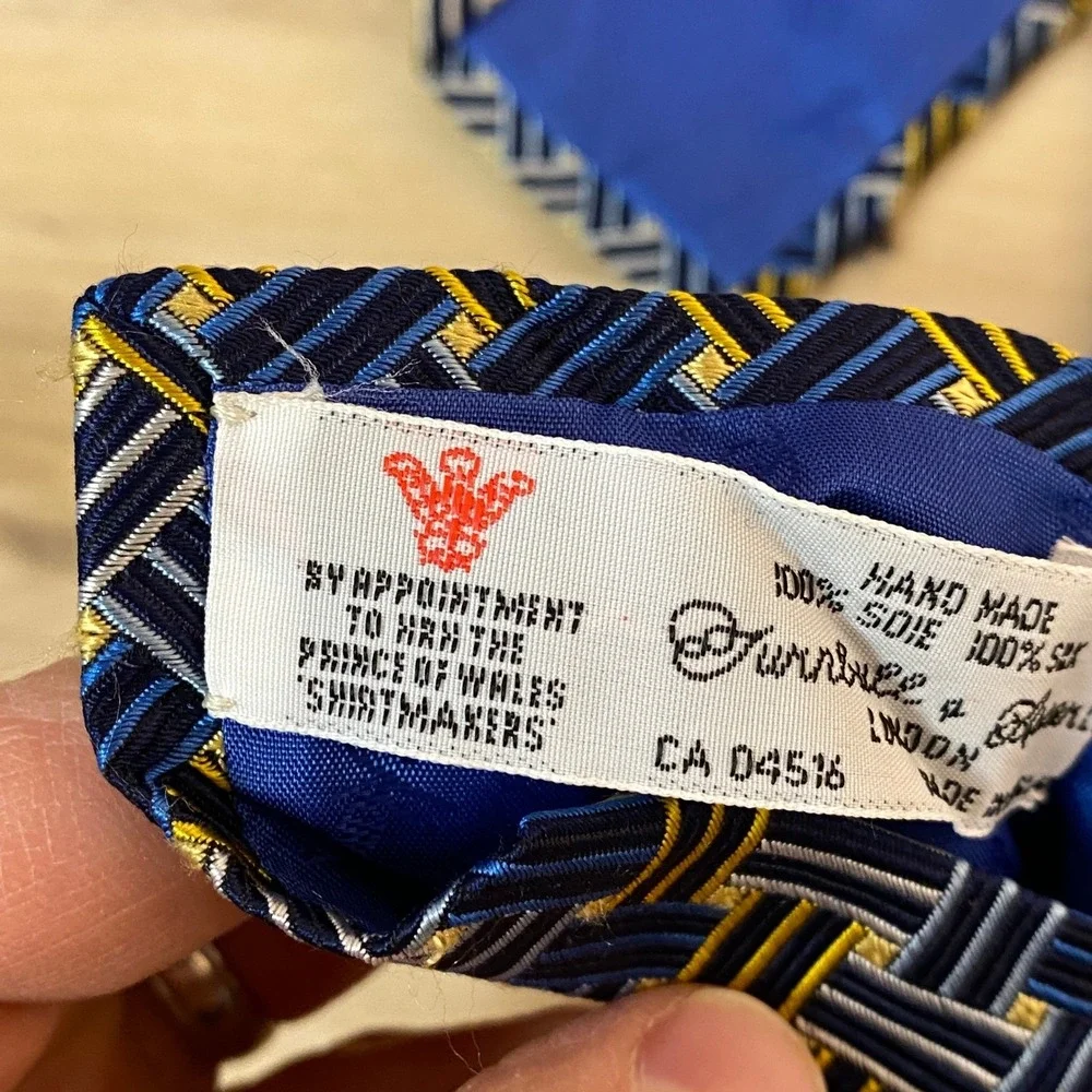 Turnbull & Asser‎ Mens Silk Tie Hand Made London Blue Yellow Geometric Pattern